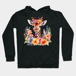 A baby giraffe decorated with beautiful watercolor flowers Hoodie